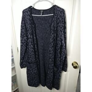 Jones New York Signature Woman L Duster Grey Black Cheetah Pocket Long Cardigan